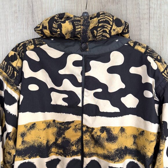 Vintage 90s Obermeyer Ski Jacket Abstract Animal Print Black Gold Beige Hood 6 - Picture 6 of 7